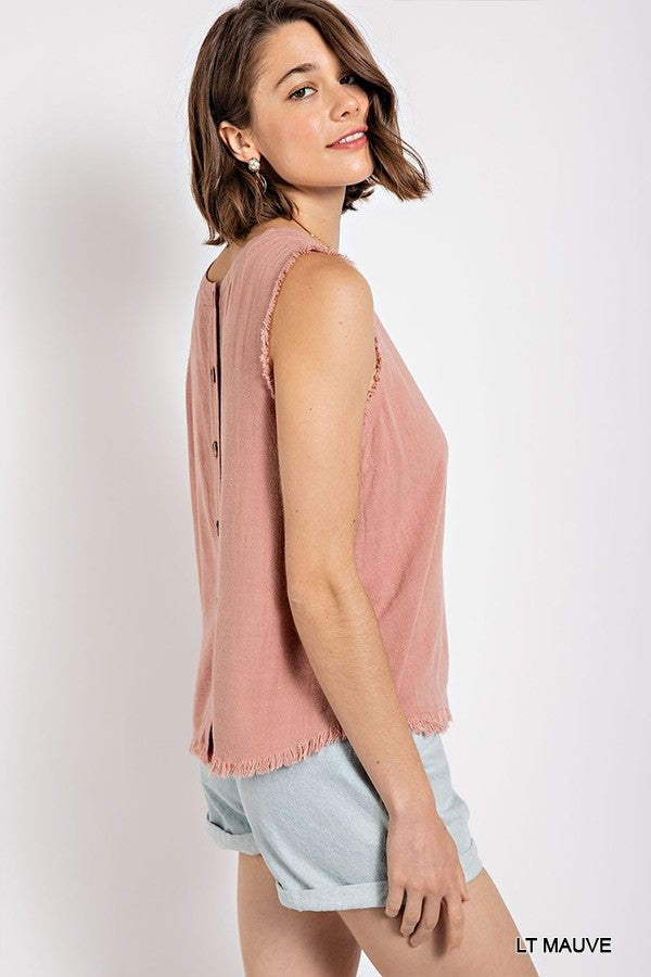 Sleeveless back button closure frayed top