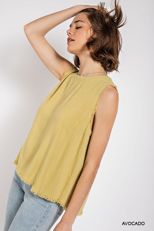 Sleeveless back button closure frayed top