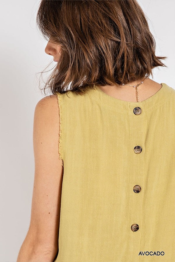 Sleeveless back button closure frayed top