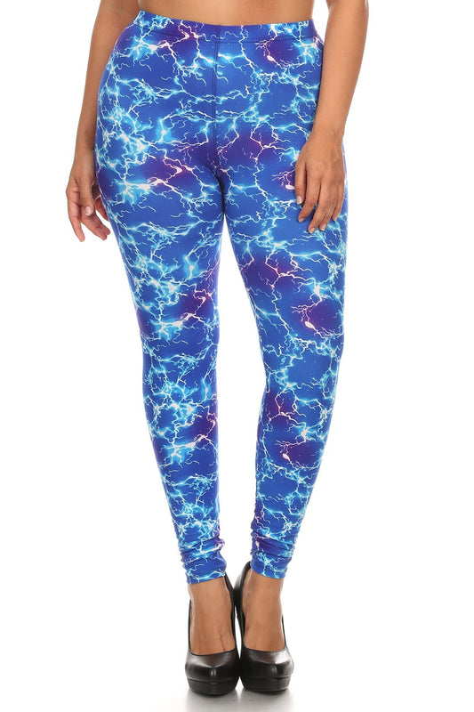 Plus Size Lightning Bolt Print, Full Length Leggings In A Slim Fitting Style With A Banded High Waist