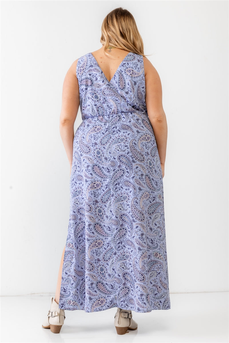 Plus Lavender Paisley Wrap V-neck Sleeveless Midi Dress