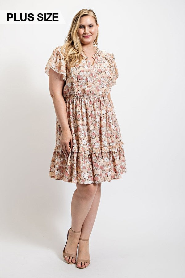 Floral Printed Ruffle Detail Dress With Elastic Waist