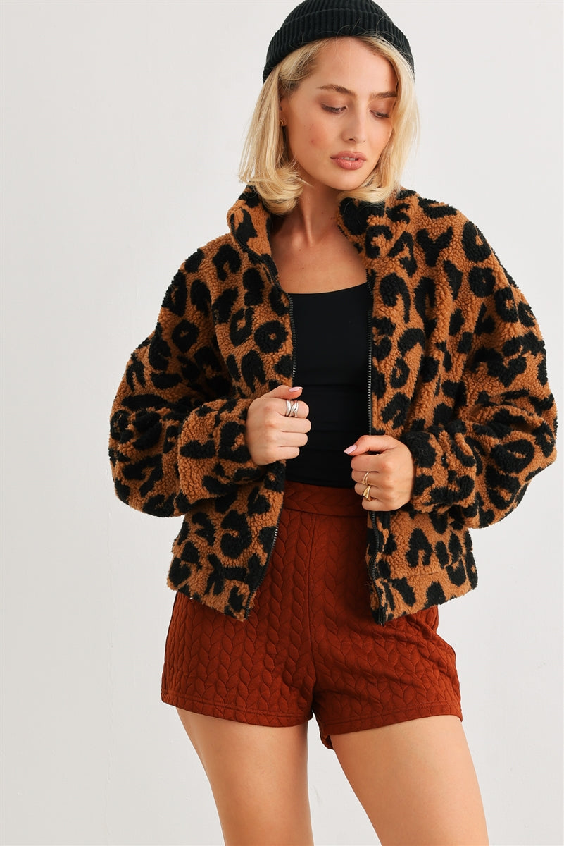 Leopard Teddy Zip-up Two Pocket Jacket