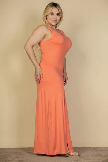 Plus Size Plunge Neck Thigh Split Maxi Dress