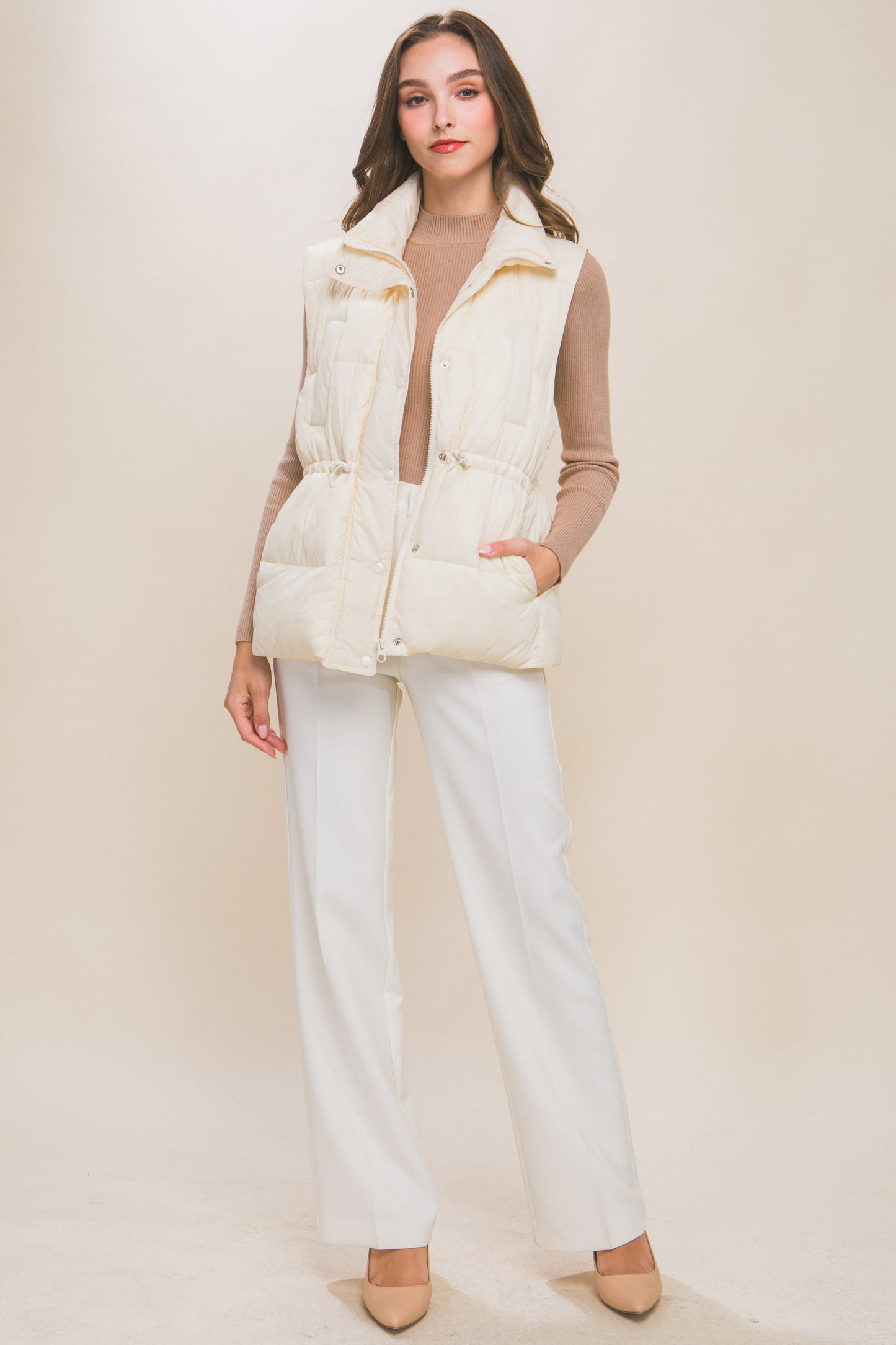 Zip Up Button Puffer Vest With Waist Toggles