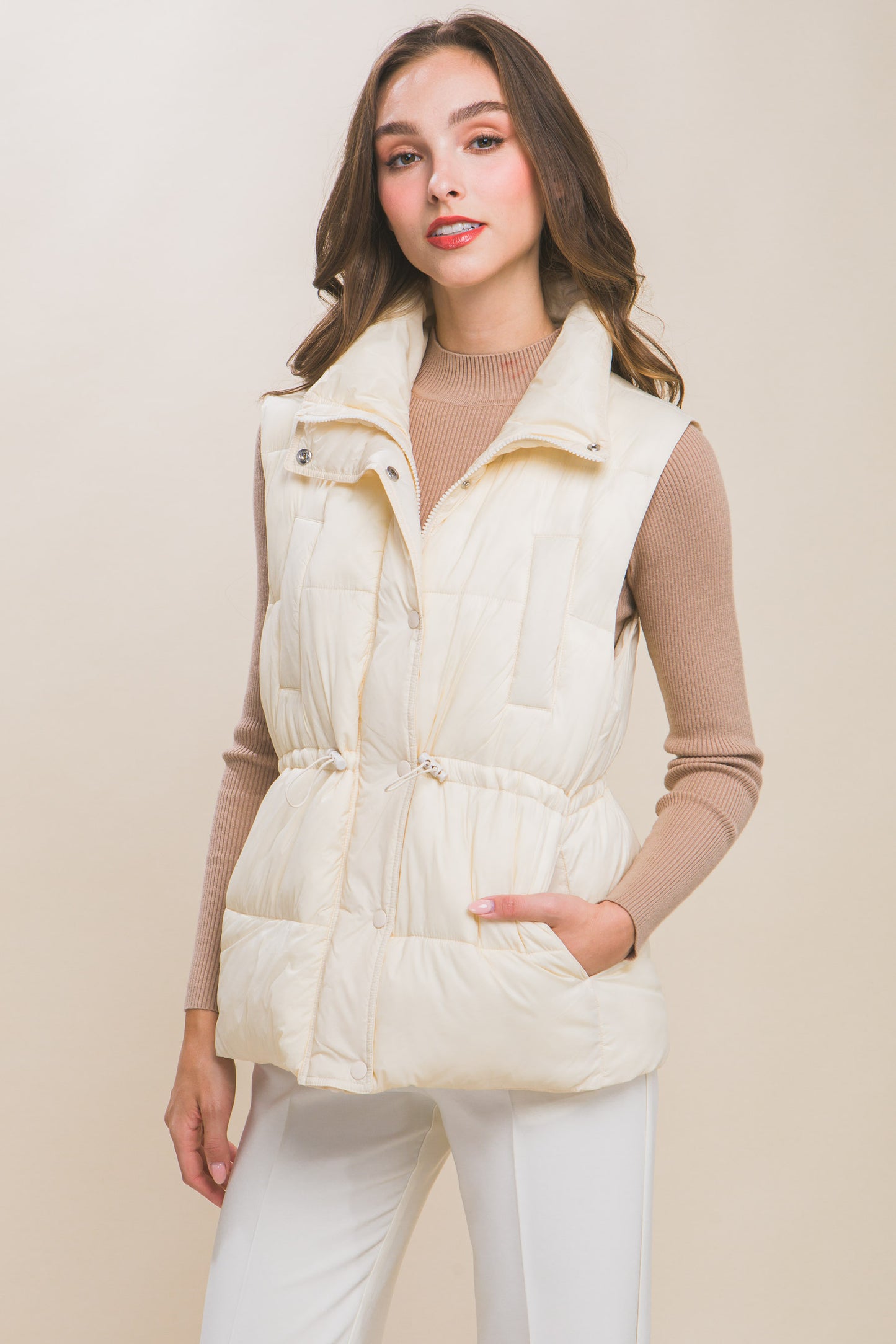 Zip Up Button Puffer Vest With Waist Toggles