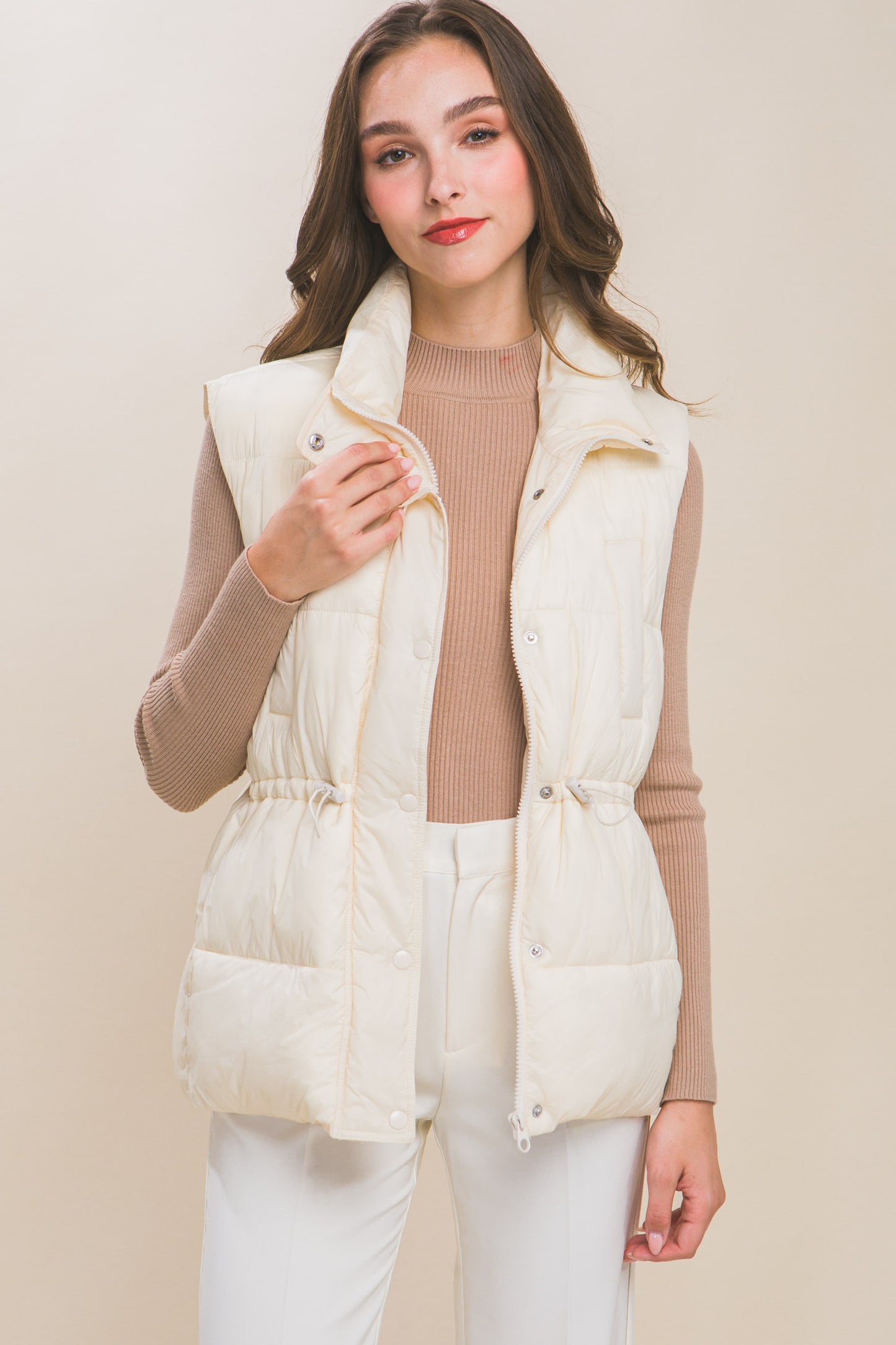 Zip Up Button Puffer Vest With Waist Toggles